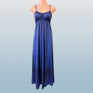 vintage goddess nightgown 1970s navy nylon long gown medium 