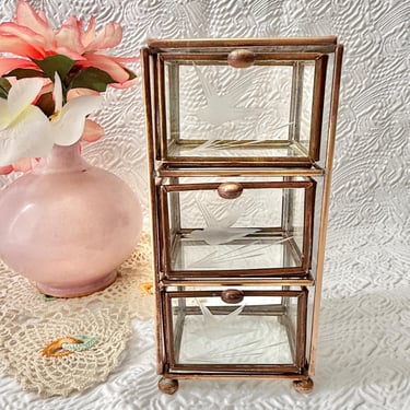 Glass and Brass Jewelry Box, Etched Glass, Curio Display Table Top, Vintage 