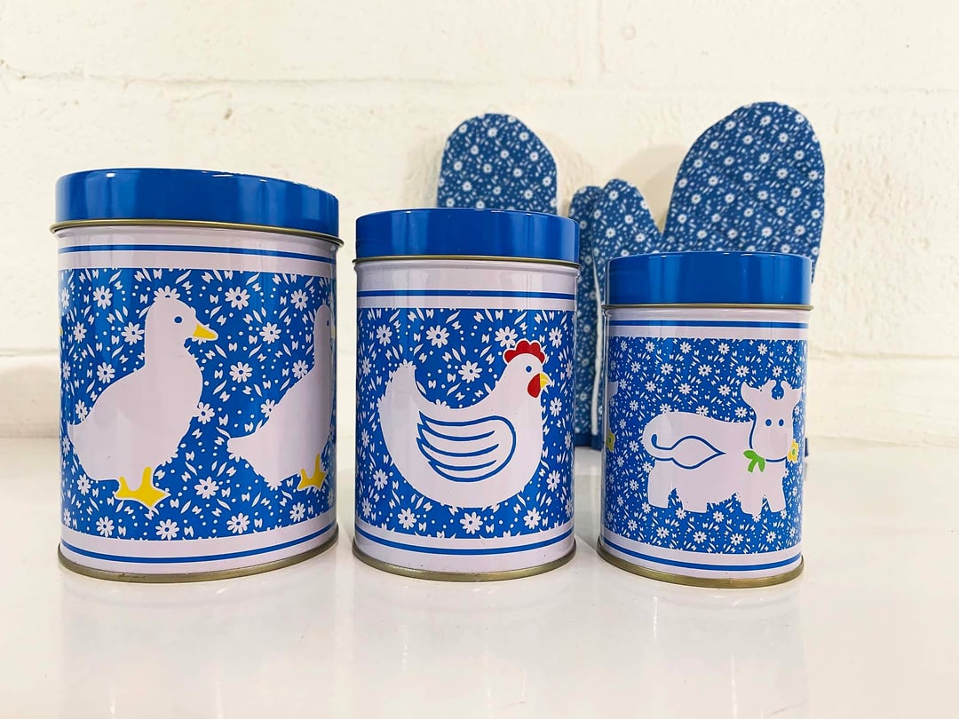 Vintage Bavaria 15 Piece Kitchen Canister Set Featuring Blue Windmills and  Farmhouse, Also Trimmed in Gold Accents. 