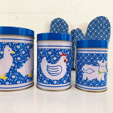 Vintage Kitchen Canister Set of 3 Blue White Country Farmhouse Canisters Metal Jar Farm Animals Kitchen Kitsch Baking 1980s 1990s 