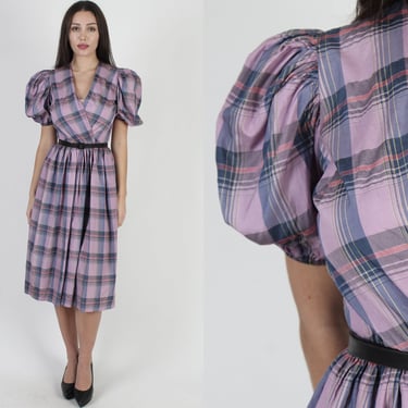 Vintage 80s Lilac Plaid Silk Dress Plunging Wrap Holiday Party Puff Sleeve Mini 