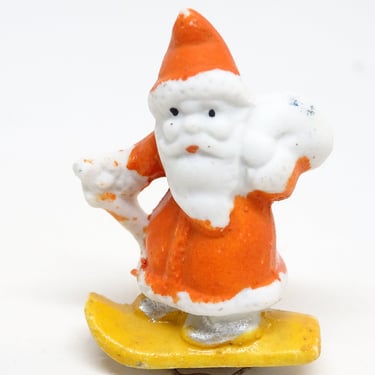 Antique 1940's Japan Miniature Hand Painted Ceramic Bisque Santa Claus on Sled, Vintage Christmas Snow Baby 