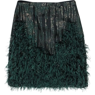 Maeve - Black & Green Pencil Skirt w/ Feathers & Metallic Fringe Sz 8