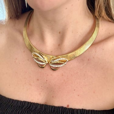 80s Designer Faberge Gold Omega Bow Collar Necklace