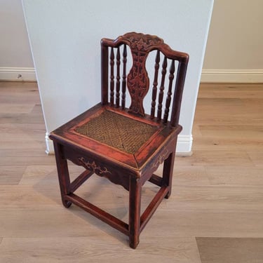 Antique Chinese Qing Red Lacquer Carved Hongmu Wood Wedding Low Chair 