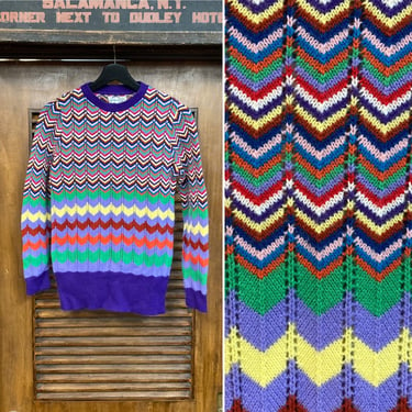 Vintage 1960’s Glam Multi-Color Mod Zig Zag Acrylic Knit Sweater, 60’s Vintage Clothing 