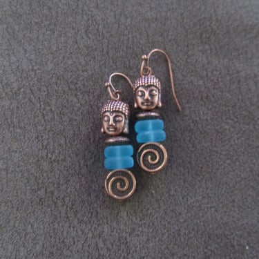 Buddha earrings, blue frosted glass and copper earrings 