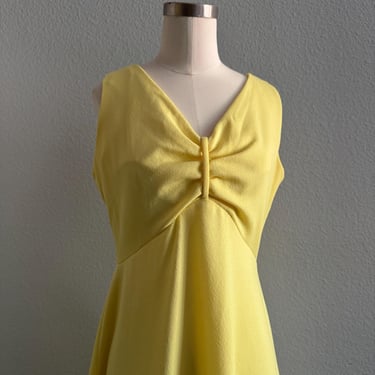 Vintage 60s Mod Butter Yellow Maxi Dress with Empire Waistline; 70s Novelty Solid Maxi Dress with Daisy Floral Yellow Color L 