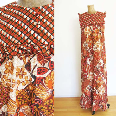 Vintage 60s Orange Black Hawaiian Maxi Dress S - 1960s The Ritz Pacific Sportswear Long Sleeveless Mumu Dress - Batik Floral 