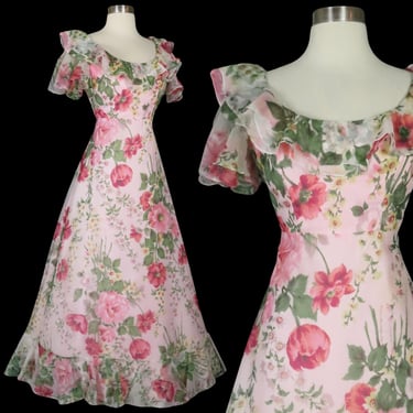 Vintage 70s Pink Floral Ruffle Skirt Flared Prom Garden Party Maxi Dress Gown XS S Extra Small Ruffled Womens Full Flowers Boho Cottagecore 