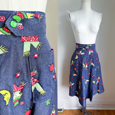 Vintage 1970s Scarecrow Novelty Print Faux Denim Wrap Skirt / XS-S 