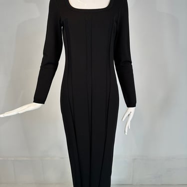 Salvatore Ferragamo Black Ribbed Knit Jersey Square Neck Body Con Dress 1990s M