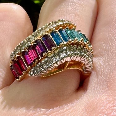 Rainbow Crystal Baguette Wave 18K Gold Plate Ring Size 5.5