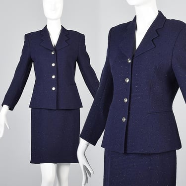 XS Escada Margaretha Ley Skirt Suit Jacket Navy Blue Wool Escada Skirt Suit Metallic Fleck 1980s Suit 80s Power Suit Designer Vintage Woman 
