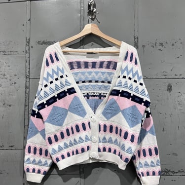 80s grandma cardigan sweater cream color patterned pink blue pastel chunky knit cable hand knit 