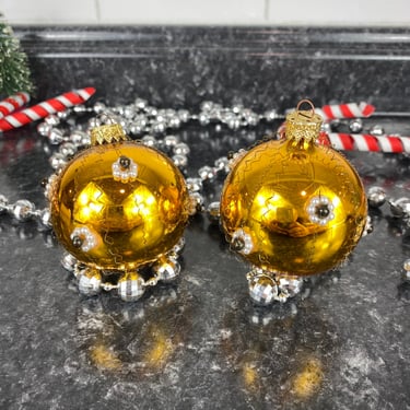 Vintage West German Glass Christmas Tree Ornaments, Wire Wrapped w/Faux Pearl & Mercury Bead Flowers, Vintage Luxury Metallic Holiday Decor 