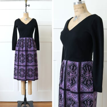 vintage 1970s purple & black tapestry dress • colorblock bohemian knit dress 