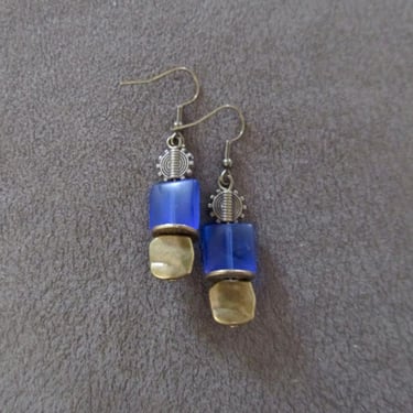 Royal blue frosted glass and bronze earrings 