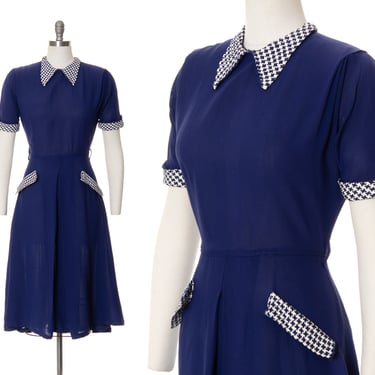Vintage 1950s Dress | 50s Gingham Navy Blue Rayon Fit and Flare Day Cocktail Dress (medium) 