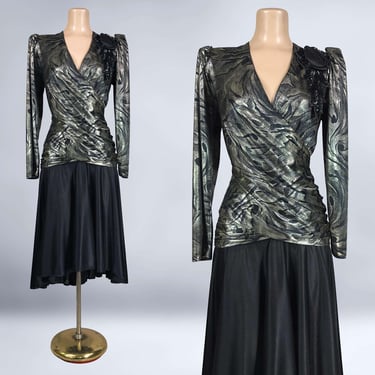 VINTAGE 80s Gold Metallic Avant-Garde Draped Party Dress by After Dark 7/8 | 1980s Ruched Sequin Cocktail Dress | VFG 