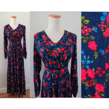 Vintage 70s Floral Maxi Dress - Groovy Flower Power Long Gown - Long Sleeves - Size Large 