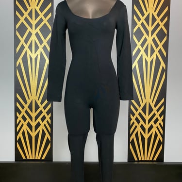 1980s catsuit, black bodysuit, fitted jumpsuit, dance wear, vintage catsuit, size small, 25 26 27 waist, low cut, long sleeve, halloween 