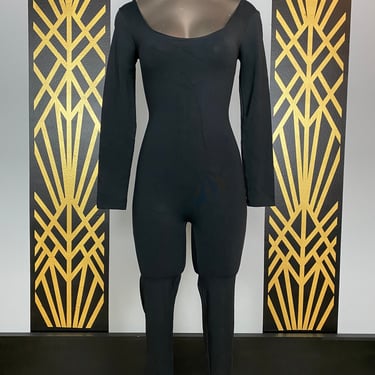 VTG 70s 80s Shiny Black Spandex Stirrup Catsuit Leotard