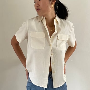 90s ivory pocket shirt / vintage creamy white ivory linen rayon blend short sleeve camp pocket cropped shirt blouse | Medium 
