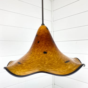 Vintage Large Murano Art Glass Pendant Light Lamp Tulip Ruffle Fluted Amber 