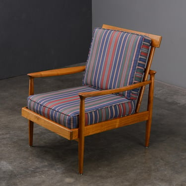 Mid-Century Modern Lounge Chair Walnut with Striped Blue Fabric 