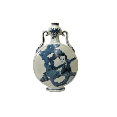 Chinese Blue White Porcelain Lady People Graphic Round Shape Flat Vase ws3162E 