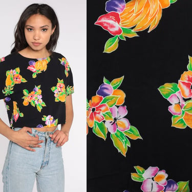 Tropical Crop Top 90s Black Floral Shirt Pineapple Flower Print Hawaiian Top Cropped Shirt Short Sleeve 1990s Retro Basic Vintage Small S 