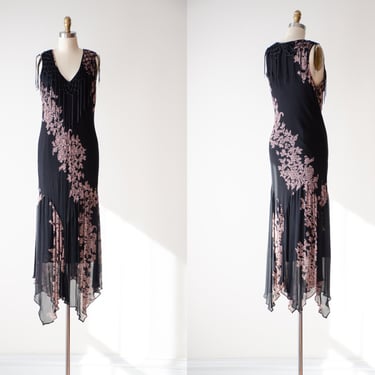 black floral maxi dress | 90s y2k vintage 30s style pink floral bias cut sleeveless fringed chiffon slip dress 