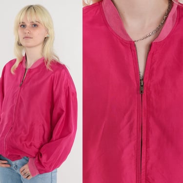 Hot Pink Silk Bomber Jacket 90s Zip Up Windbreaker Jacket Retro Sporty Bright Coat Streetwear Plain Warm Up Vintage 1990s Oversize Medium M 