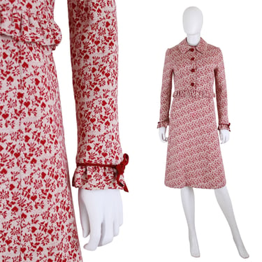 1940s Red Heart Print Dress & Matching Jacket - 1950s Anne Fogarty Dress Set - 1950s Valentine's Day Dress - 1950s Knitwear | Size Small 