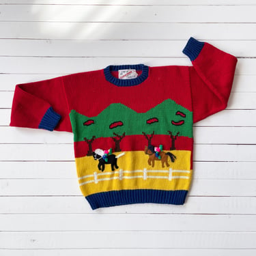 horse farm sweater 80s 90s vintage Cotton Salsa red yellow horseback riding embroidered sweater 