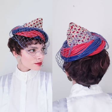 1950s Bes-Ben Hat Red and Blue Peaked Magus Cap/ 50s Designer Cocktail Hat Fascinator Avant Garde Coiled Tubing Shisha Textile 