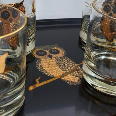 Mid century modern barware set 4 Couroc owl whiskey cocktail rocks glasses & matching owl tray, Vintage cocktail glasses Gift for the bar 