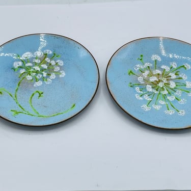 Vintage (2) Copper Enamel Hand Painted Small Plates Queen Annes Lace- Signed Mastens 4.25