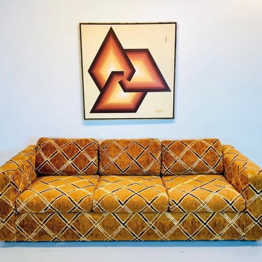 Mid Century Modern Jack Lenor Larson Style Geometric Milo Baughman for International Furniture Co. Tuxedo Sofa, Mid Century Living Room 