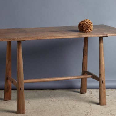 Single Board Splayed Leg Teak Table with H Stretcher Base from Java