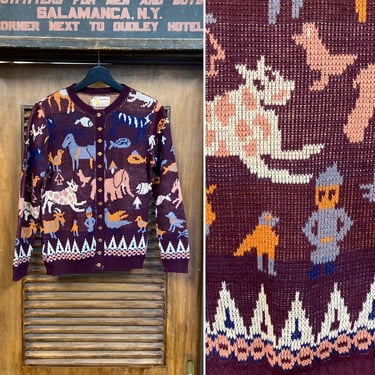 Vintage 1960’s Animal Pop Art Acrylic Knit Cardigan Sweater, Betsy Johnson Style, Mod, 60’s Vintage Clothing 
