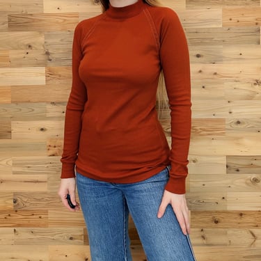 1960's Vintage Rust Basic Soft Long Sleeve Mock Neck T-Shirt Tee Shirt Pullover Top 