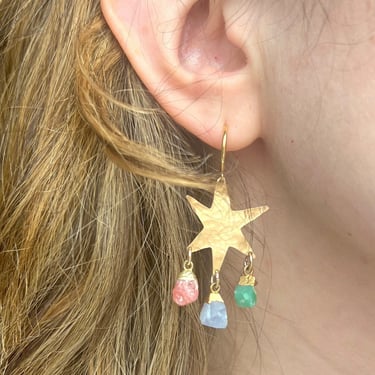 Hammered Brass Star Rough Gem Dangle earrings 