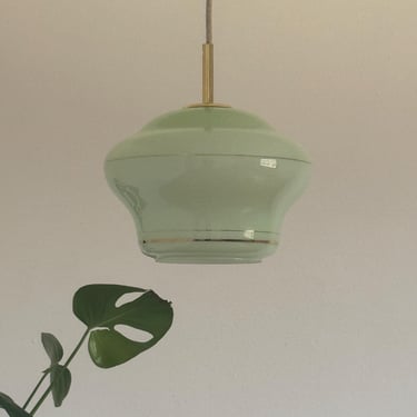 Vintage Green Opal Glass Globe Pendant Lamp / Art Deco Orb Ceiling Light / Antique Lighting / Dinning Room Lighting / Yugoslavia / 1950s 