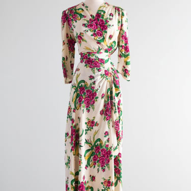 The Dreamiest 1940's Rose Bouquet Print Rayon Wrap Dress / ML