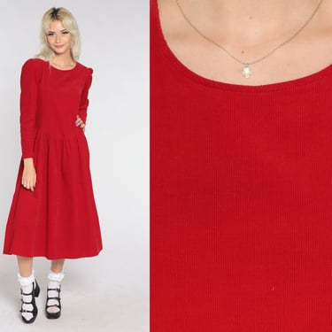 90s Corduroy Dress Red Laura Ashley Dress Puff Sleeve Dress High Waist Button Back Midi Dress Vintage 80s Long Sleeve Extra Small xs 