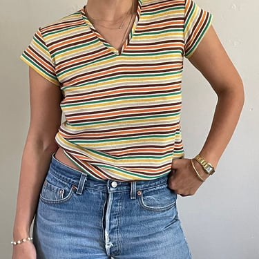 70s striped cotton tee / vintage micro striped cotton blend V neck multicolor stripe cap sleeve tee t-shirt | Medium 