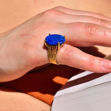 Vintage 10K Gold Plated Lapis Lazuli Ring, Cobalt Blue Gemstone, Ornate Yellow Gold Band, Cocktail Ring, Size 7 3/4 US 