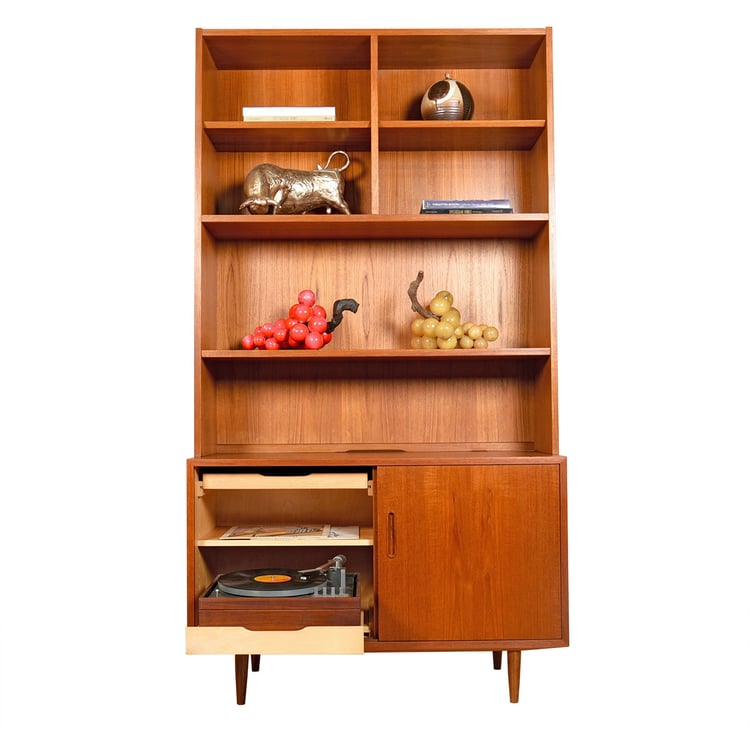 Danish Teak 2-Pc 42&#8243; Storage | Media | Display Cabinet w: Lower Pull-Out (Turntable) Shelf